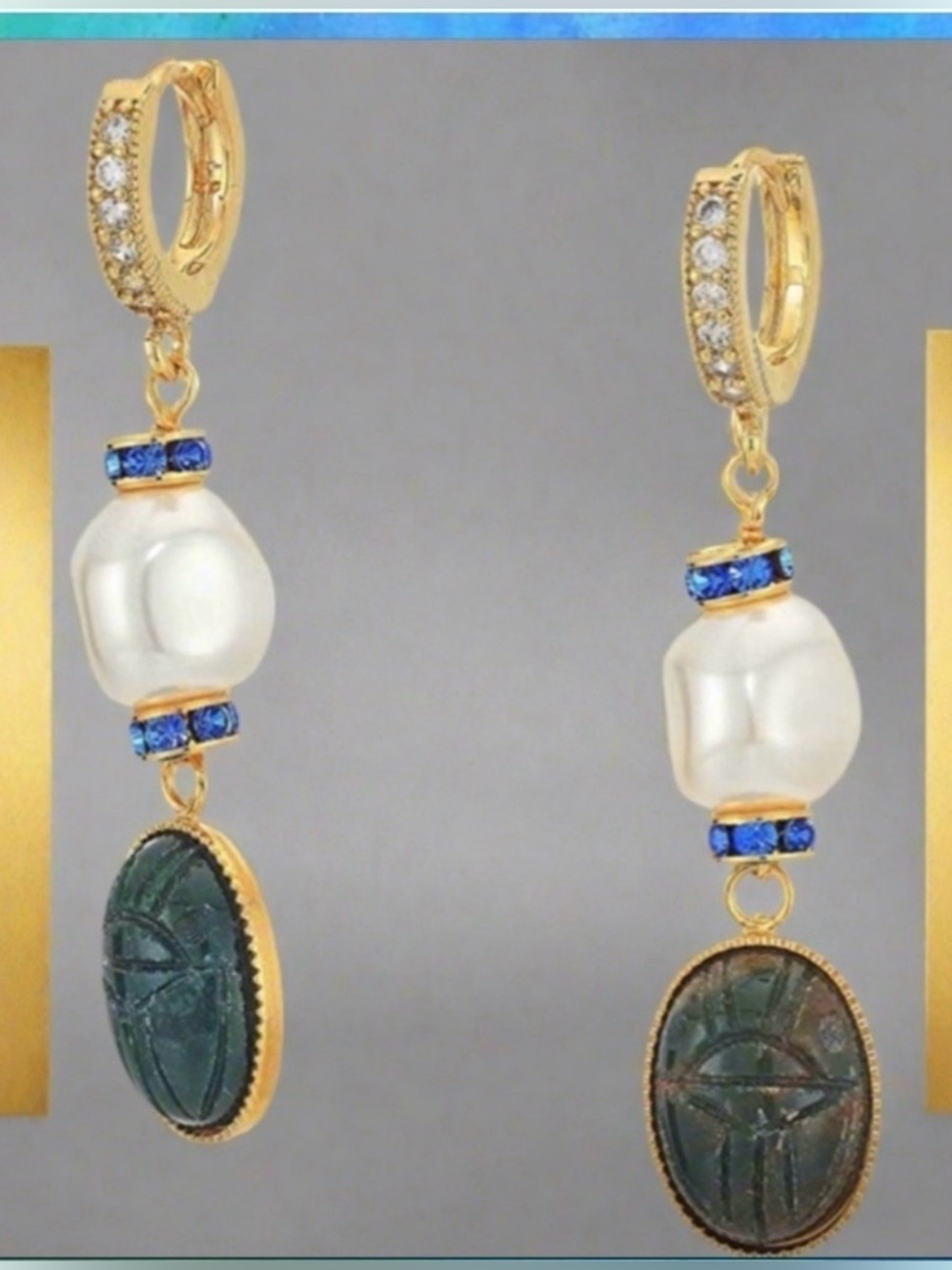 NWT Shashi Harlow Gold Pearl Green Stone Drop Earrings